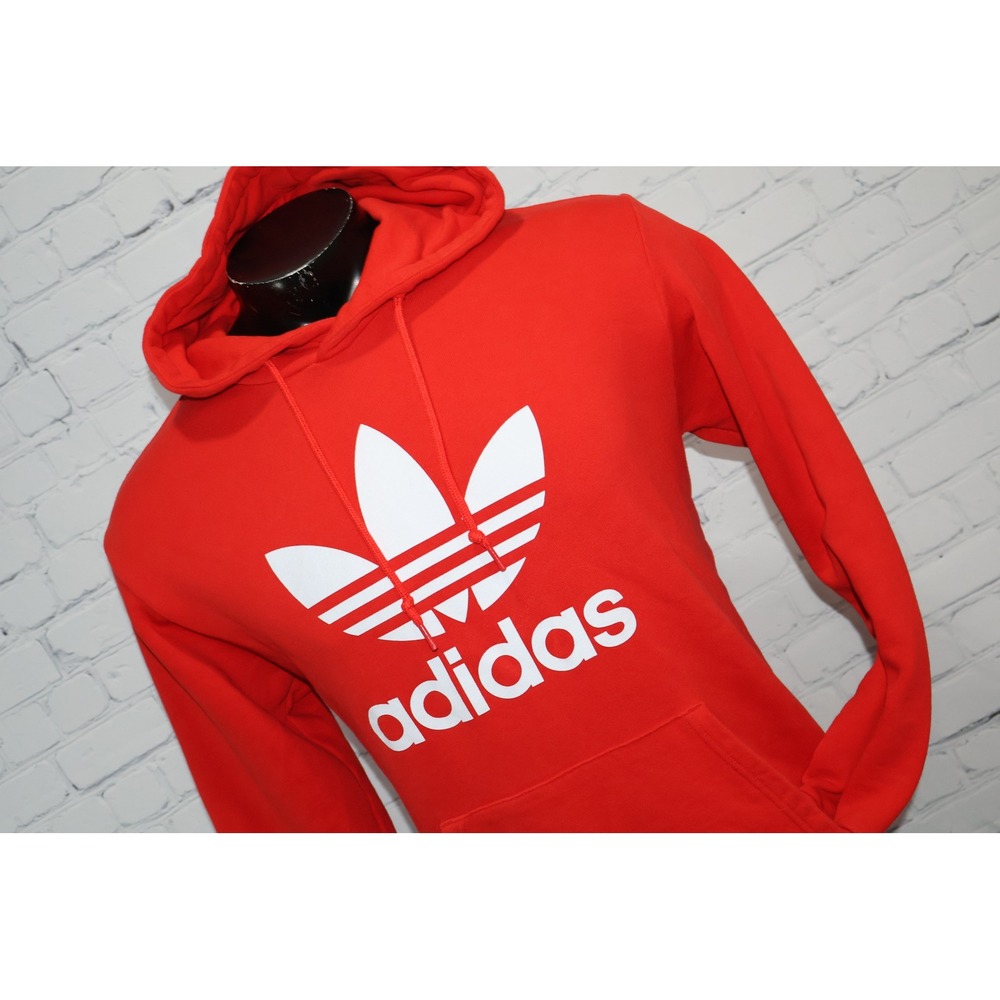 Adidas Hoodie Men Large Red Trefoil Logo Pullover Sweatshirt Cotton Front Pocket